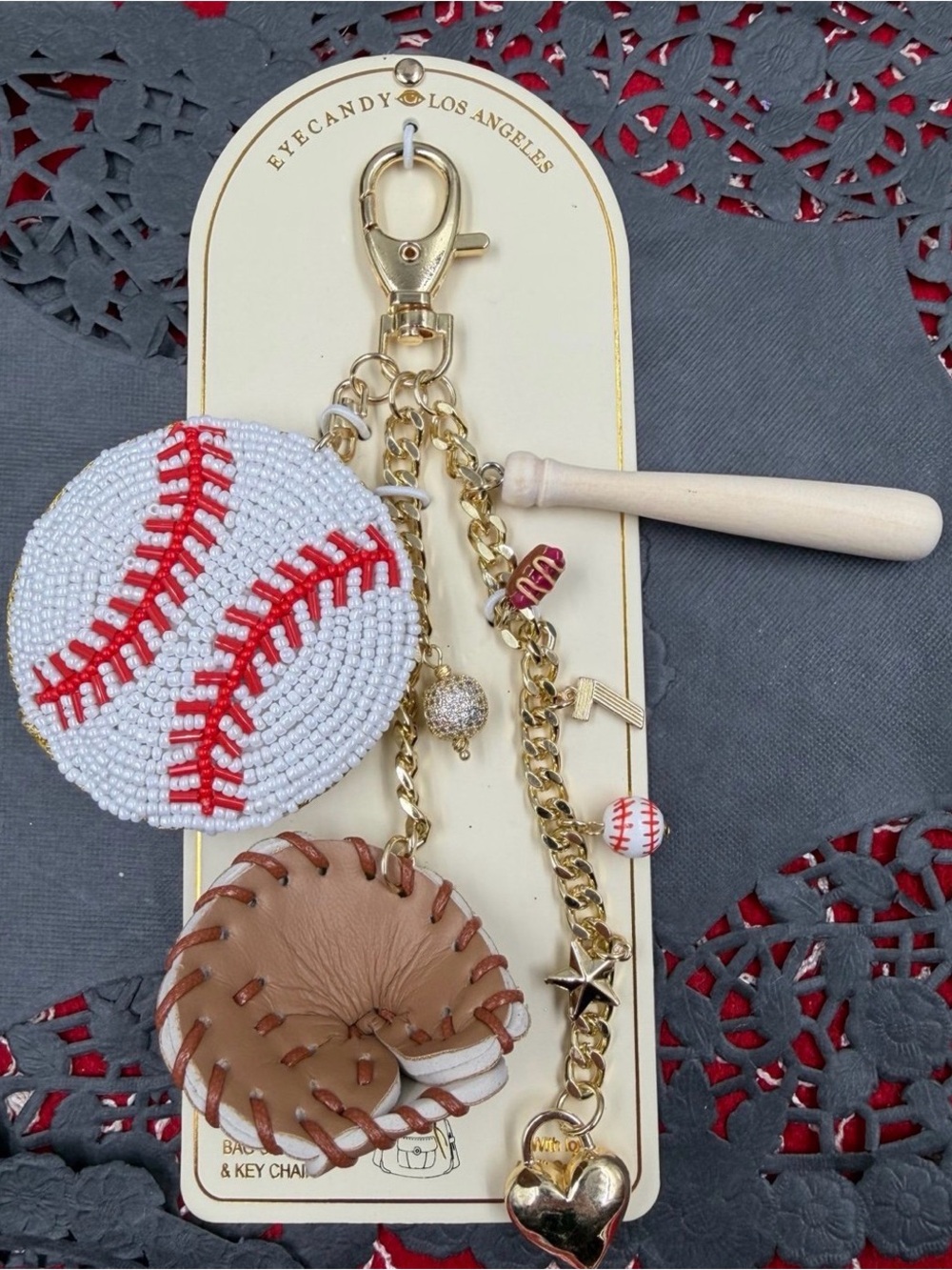 Eyecandy Baseball Charm Keychain | Beaded + Glove Details